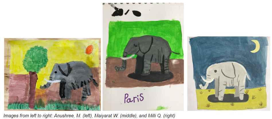 A painting of a gray elephant next to a tall tree on a sunny day, A painting of a sleeping gray elephant in the wild, A painting of a light gray elephant on grassland during the night