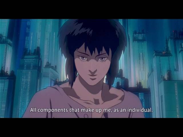 Image shot of Ghost in the Shell with a quotation, "All components that make up me, as an individual".