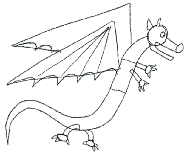 A sketched form of a dragon with two wings.