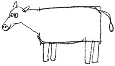 A sketch of a cow with a round body, four legs, and a short tail.