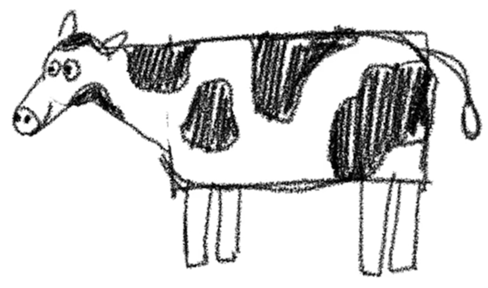 Completed sketch of a cow with large black prints.