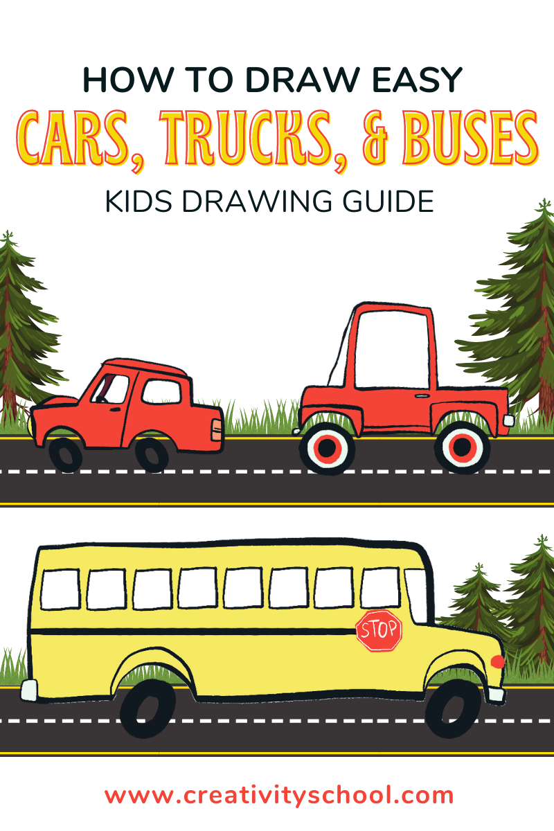 Animation of a red car and truck, and a yellow school bus