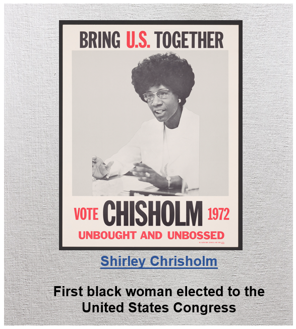 Shirley Chrisholm, First black woman elected to US Congress