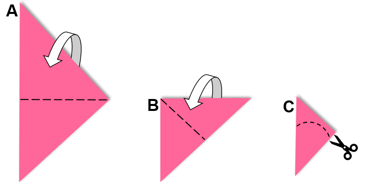 A picture of a triangle folded twice and cut into a cone.