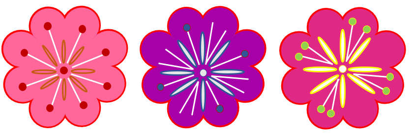 A picture of three decorated flowers with 8 petals.