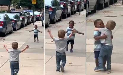 Pictures of two toddlers running towards each other to give warm hugs.