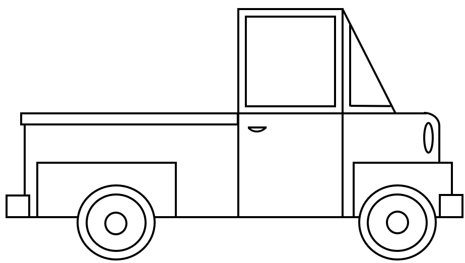 The detailed form of the truck with windows, lights, door handle, cargo bed, and bumper.
