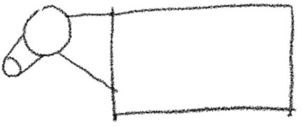 A basic sketch of a cow using two circles and a rectangle connected with a line.