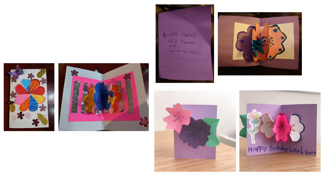 Three sets of the different pop up flower card from students at the Creativity School