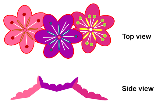 Top and side views of the three flowers glued through one of each petal.