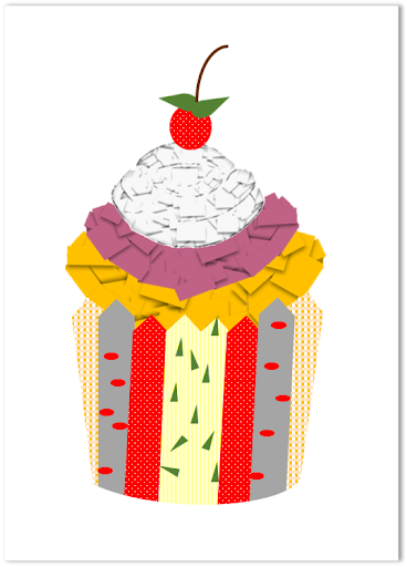A completed version of the colorful cupcake collage on a white background.