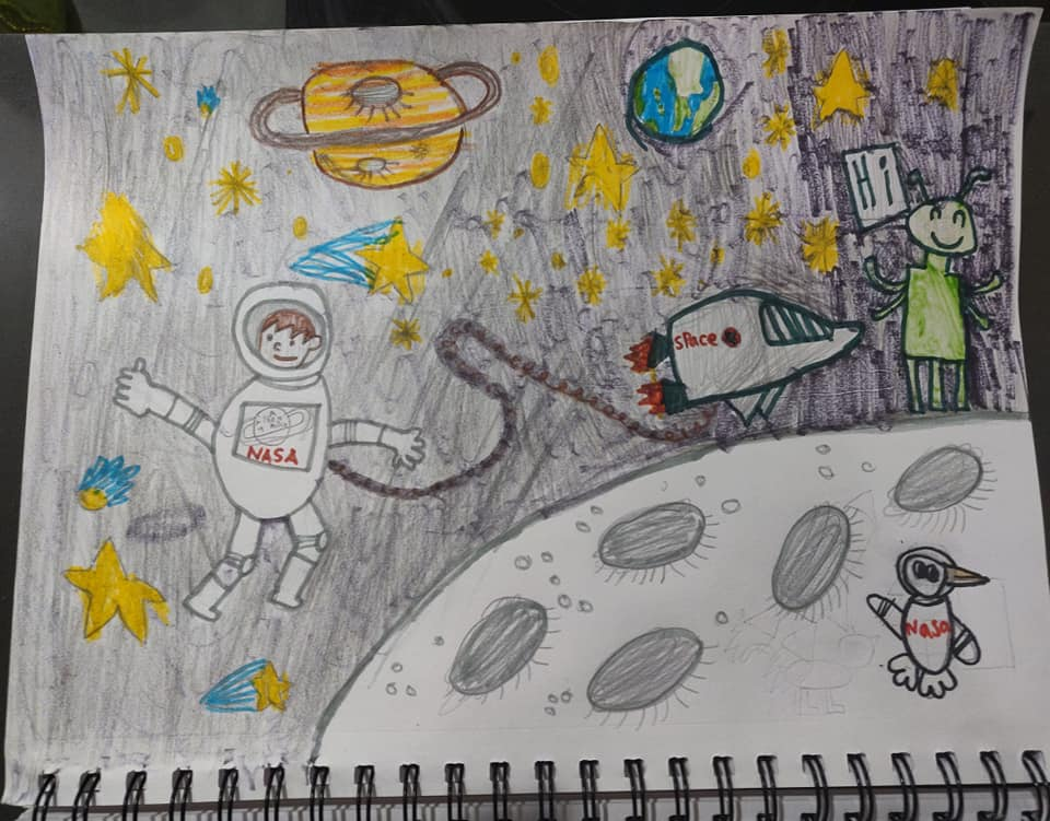 space drawing with astronaut, spaceship, planets, moon, and rocket