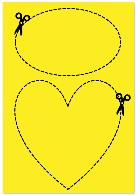 oval and heart outlines on a yellow rectangle with the scissors icon