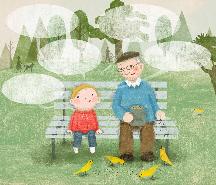 Illustration of a young boy and an old man sitting on a bench by the park