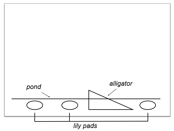 Drawing of reference objects for pond, lily pads, and alligator