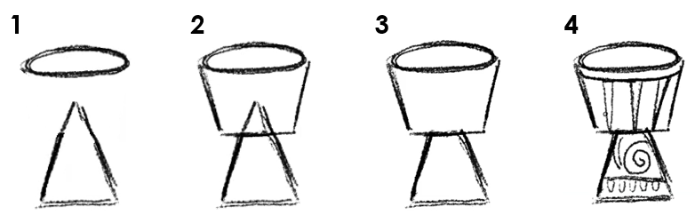 Numbered picture instruction on how to draw a drum