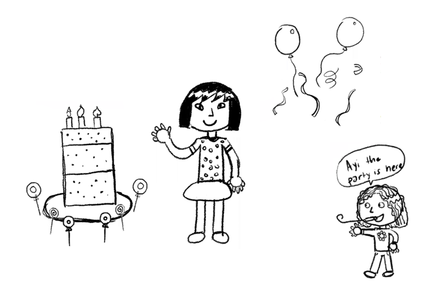 Drawing of an adult female, a little girl, a cake surrounded by lollipops, and balloons with confetti