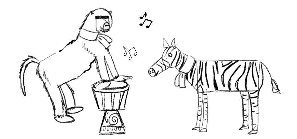 Drawing of a drum and a monkey and a zebra in scarf