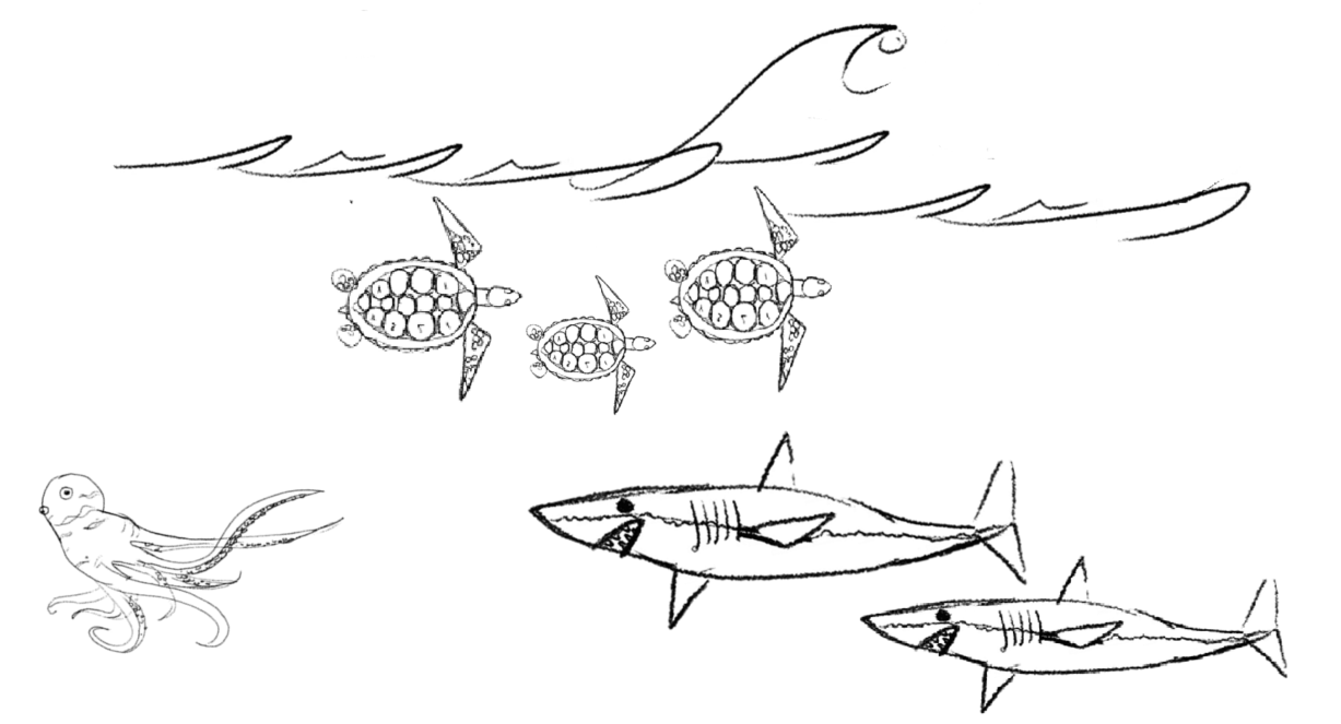 drawing with waves, sea turtles, sharks, and an octopus