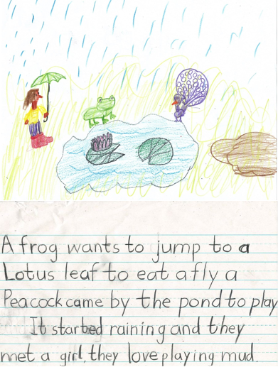 Beautiful story and colorful artwork with images of frog in a pond, a girl carrying an umbrella, and a peacock.