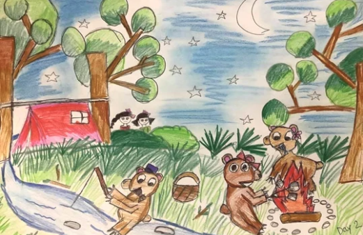 Drawing of bears having a picnic on the riverside.