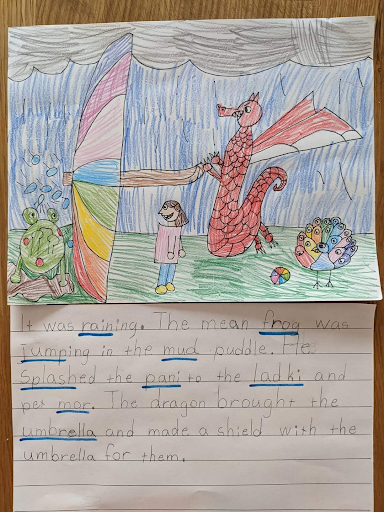 Beautiful story and colorful artwork with images of frog, umbrella, peacock, girl, water droplets, and dark clouds