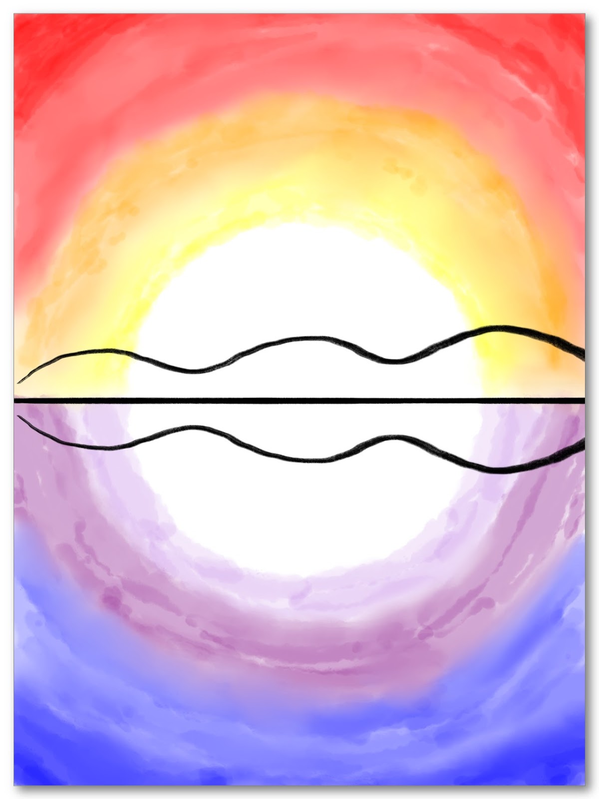 Sunset painting with horizon and land element.