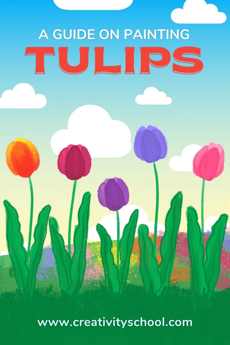 Five colored tulips on a cloudy background with Creativity School website at the bottom