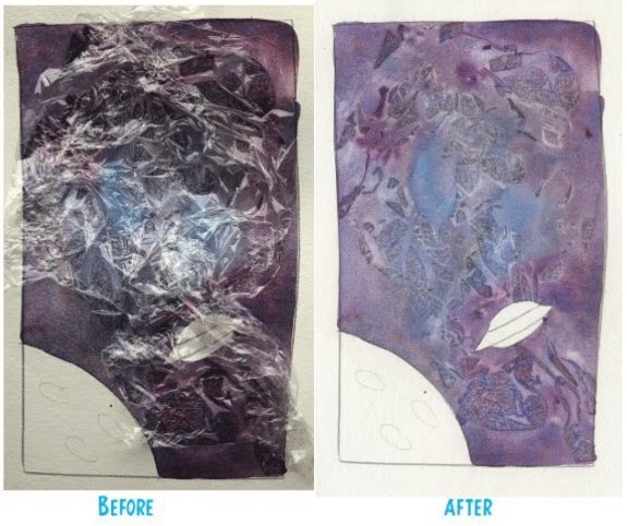 Space watercolor painting using plastic wrap
