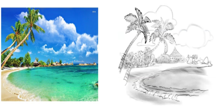 Wide shot of a tropical beach on the left and drawing on the right.