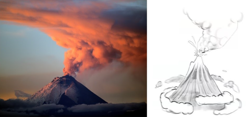 Top shot of the Cotopaxi, Volcano releasing thick clouds of smoke on the left and drawing on the right.