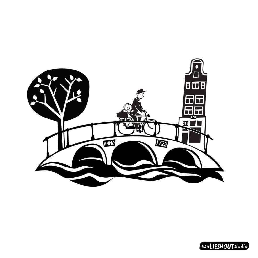 a drawing of a man and a little girl riding a bike on a bridge in between a tree and a building