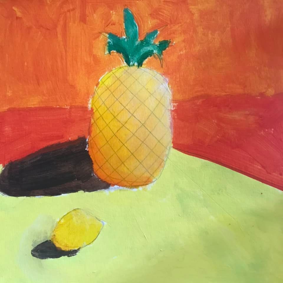 pineapple and lemon on a table painting