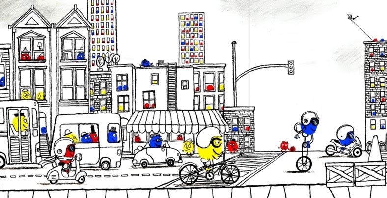 City scenery with different colored characters from the Mixed book