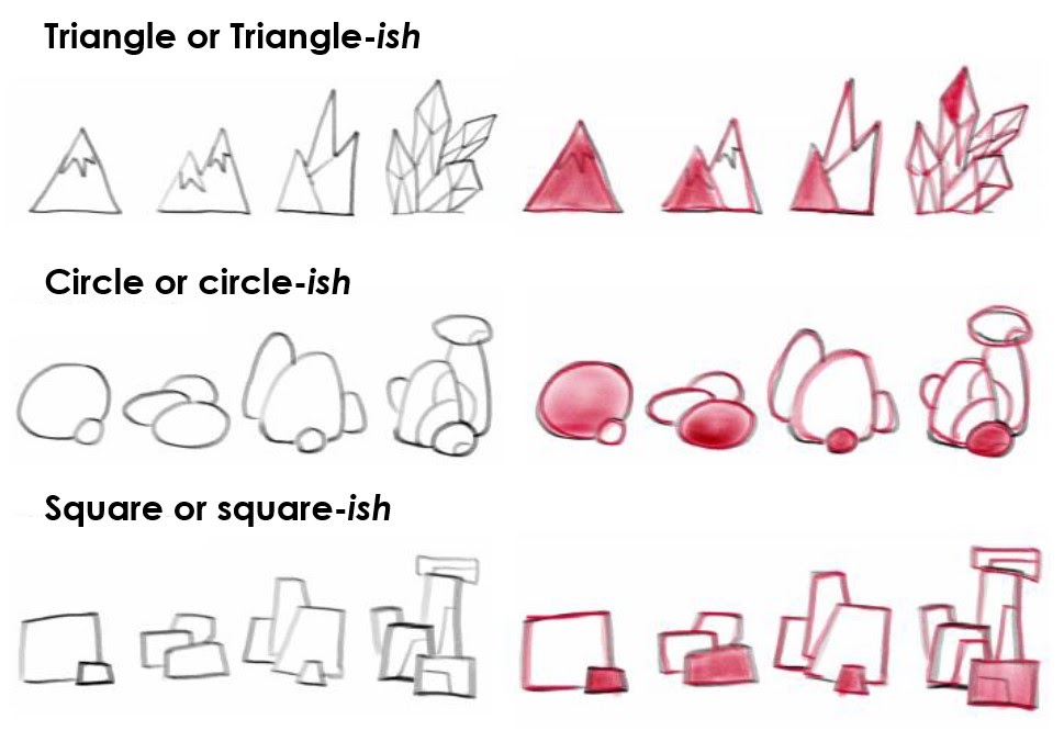 Different rock and mountain drawn using triangle/triangle-ish, circle/circle-ish, and square/square-ish