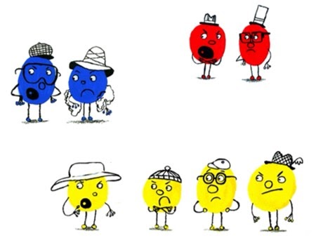 Pairs of red, blue, and a group of 4 yellow characters showing unhappy faces