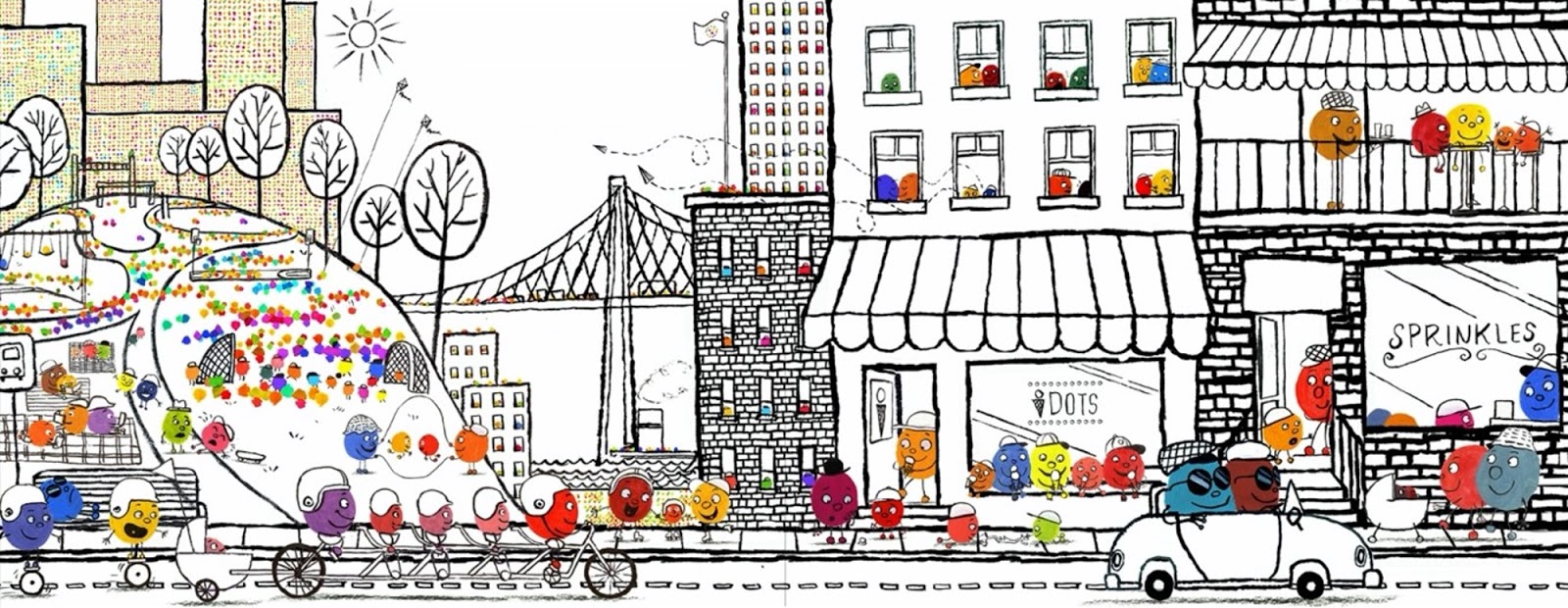 City scene with all different colored characters living together in harmony.