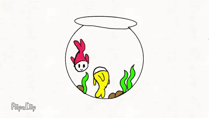Animation of a red and yellow fish jumping around the fishbowl