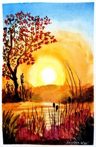 Sunset by the lake painting.