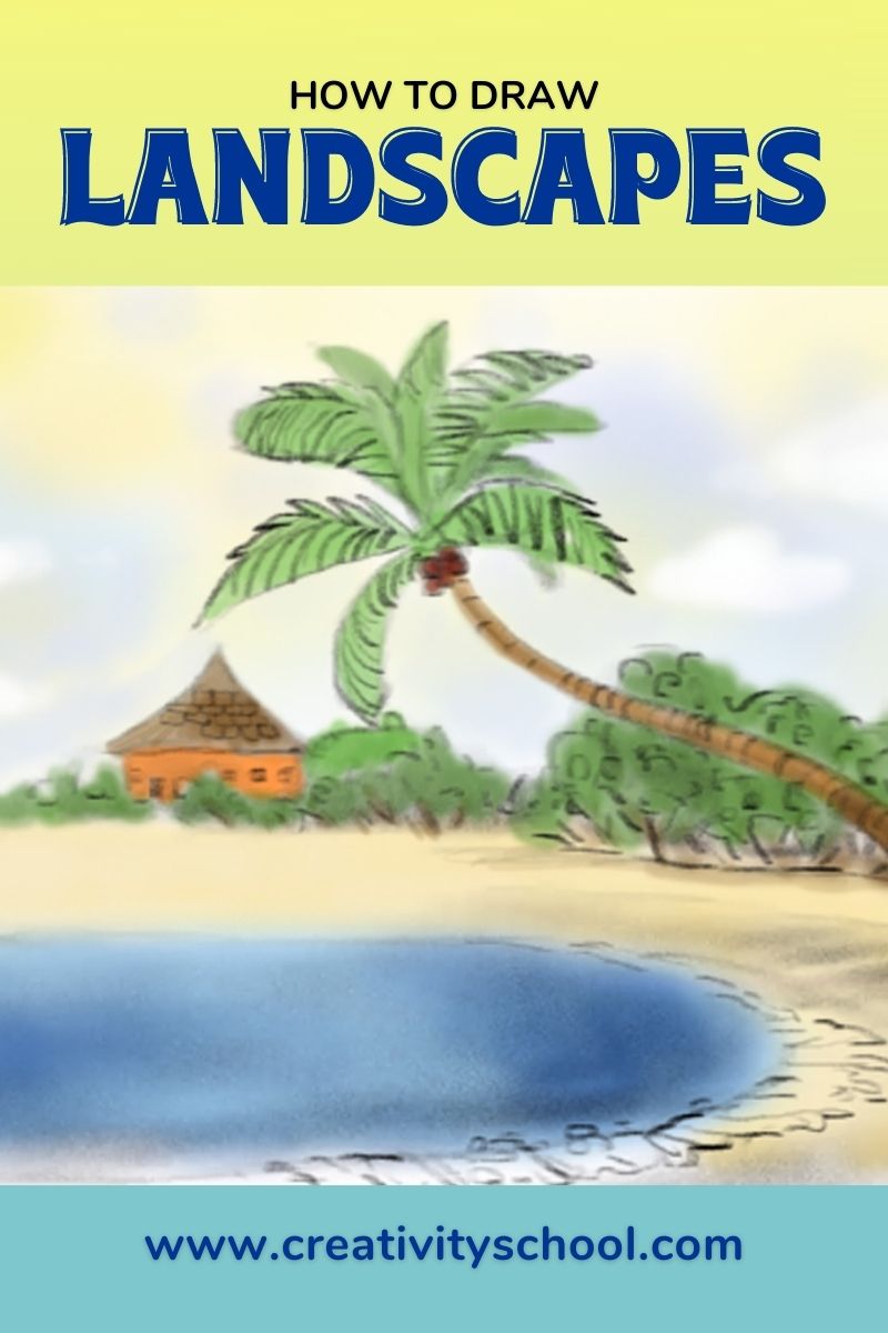 How to Draw Waterfall, Volcano, and Sandy Beach - Nature Drawing for Kids