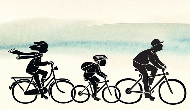 Illustration of a family biking together