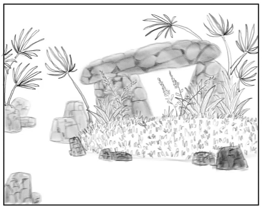 Drawing of grass cover, plants, flowers, rock elements, and tree elements inside a rectangle