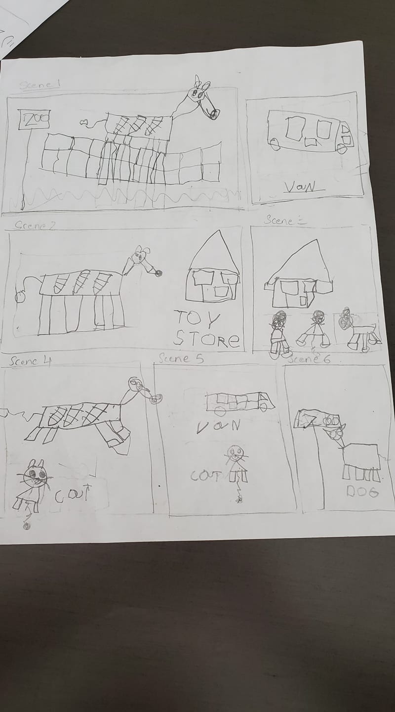 SWDP artwork with drawings of a zebra, van, cat, dog, and a toy store.