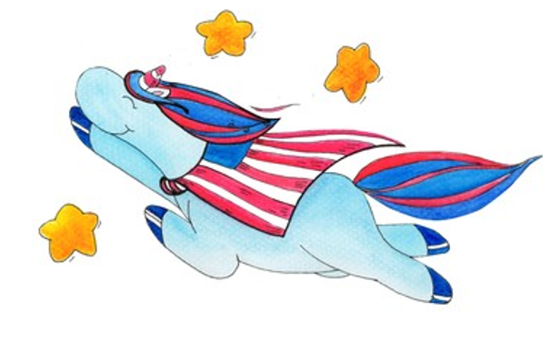 Flying unicorn graphics with flag of America cape and three stars around it