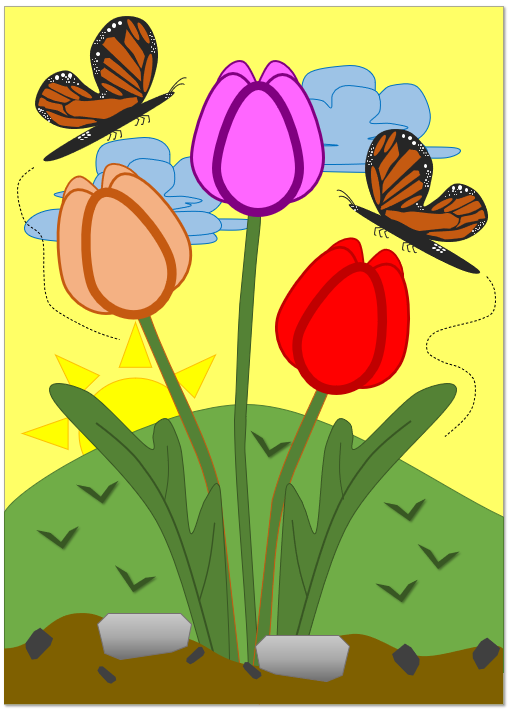 Painting of three tulips on a sunny field with two monarch butterflies around