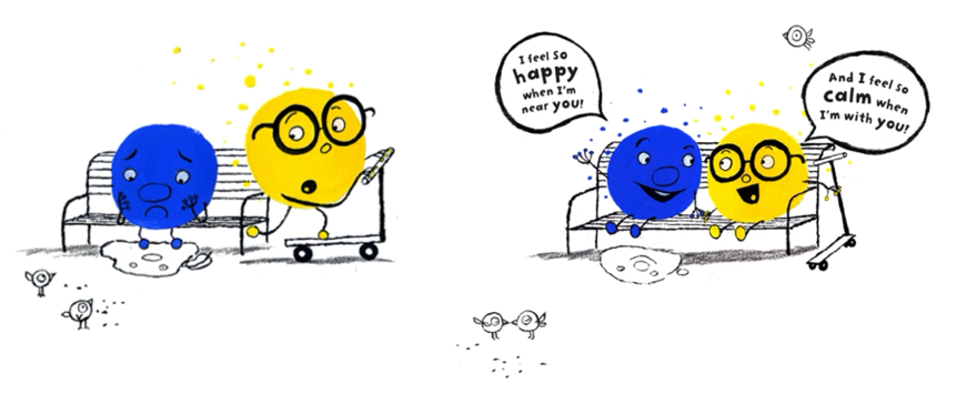 Blue and Yellow characters' scene from the Mixed book where they become friends