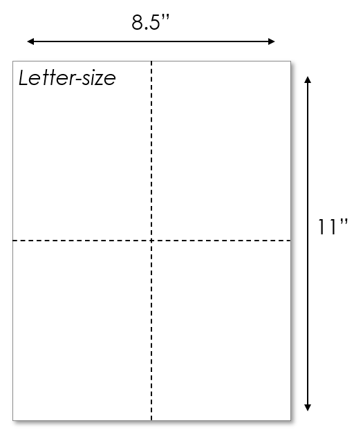 Graphical representation of a letter-size paper cut in 4 equal parts