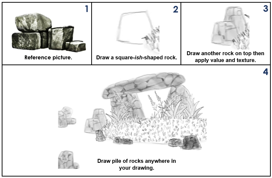 Numbered instructions on how to draw a pile of big rocks