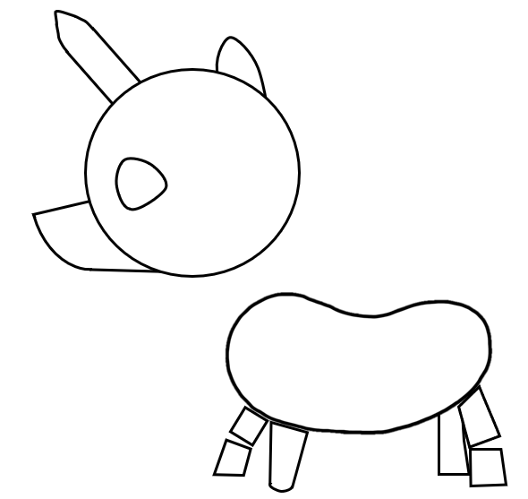 Unicorn head and the main body and legs drawn with an oval and rectangle variations