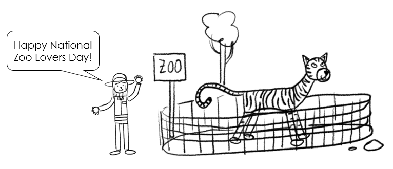A drawing of a tiger inside a zoo cage with a veterinarian on the left side saying "Happy National Zoo Lovers Day"